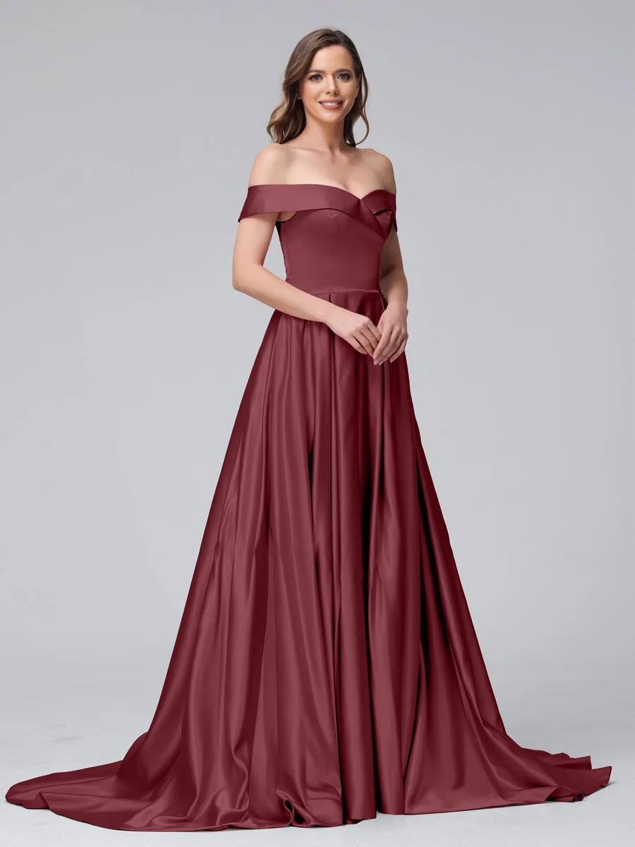A-Line Off-the-Shoulder Long Satin Evening Dresses with Split Side & Pockets - Image 40