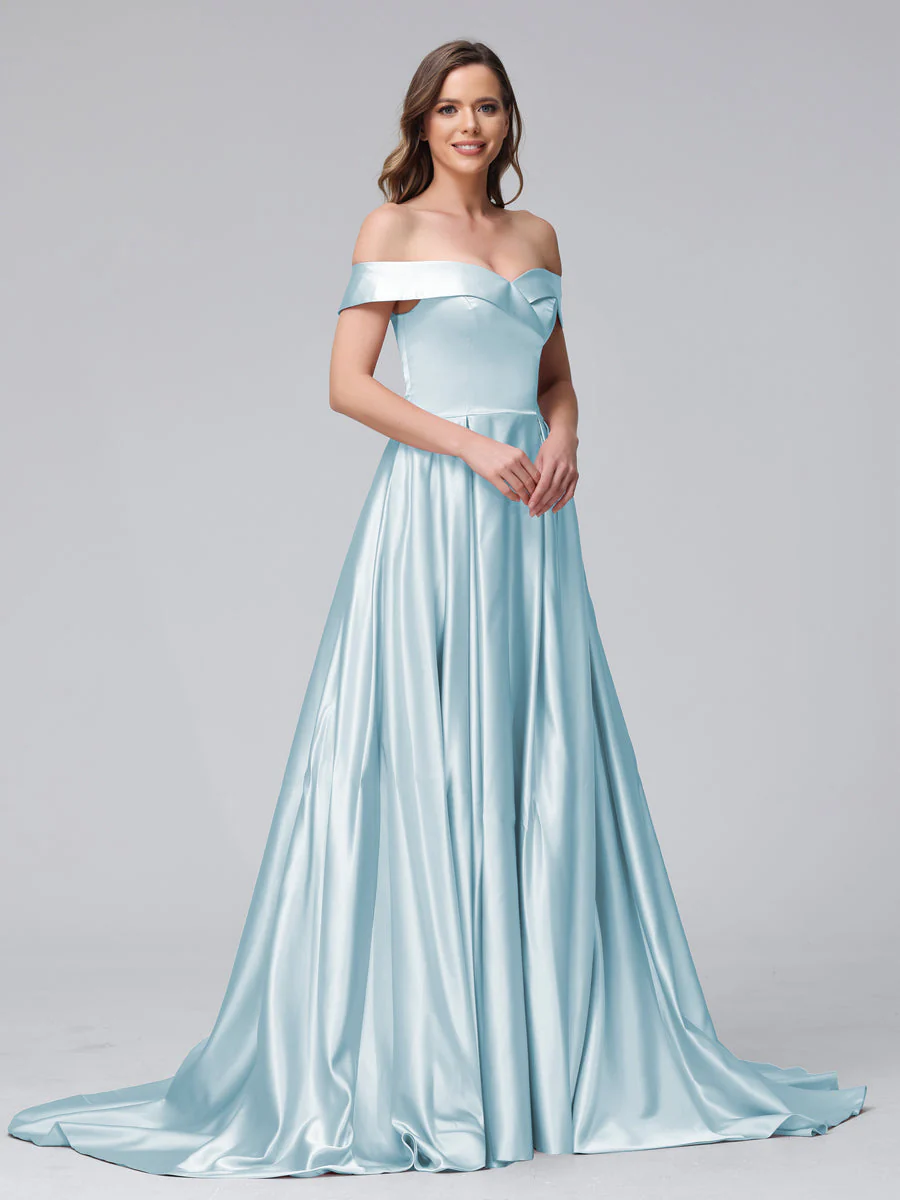 A-Line Off-the-Shoulder Long Satin Evening Dresses with Split Side & Pockets - Image 44