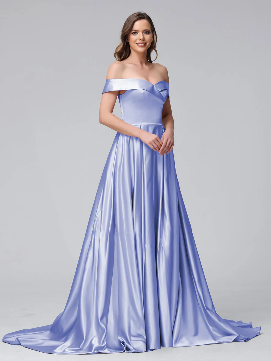 A-Line Off-the-Shoulder Long Satin Evening Dresses with Split Side & Pockets - Image 45