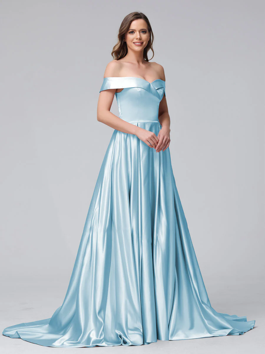 A-Line Off-the-Shoulder Long Satin Evening Dresses with Split Side & Pockets - Image 46