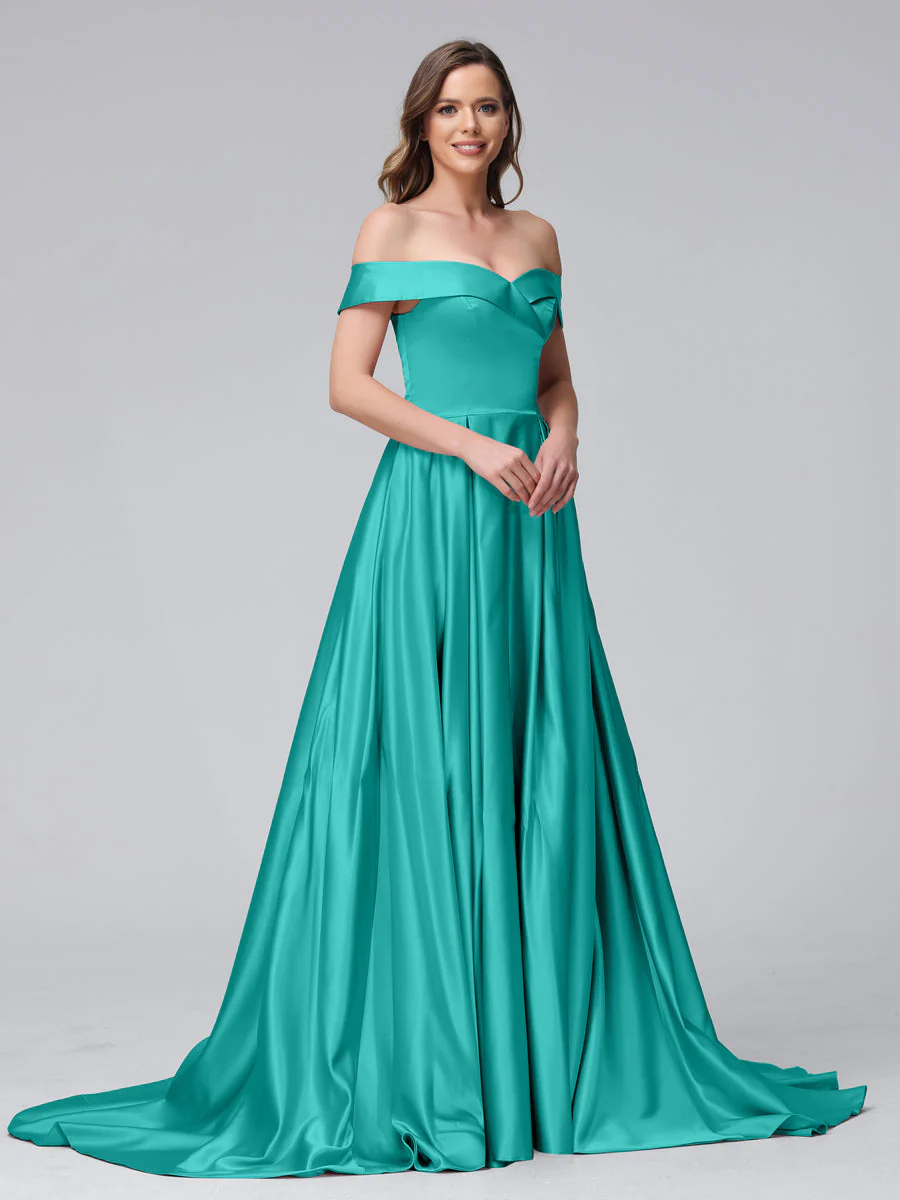 A-Line Off-the-Shoulder Long Satin Evening Dresses with Split Side & Pockets - Image 49
