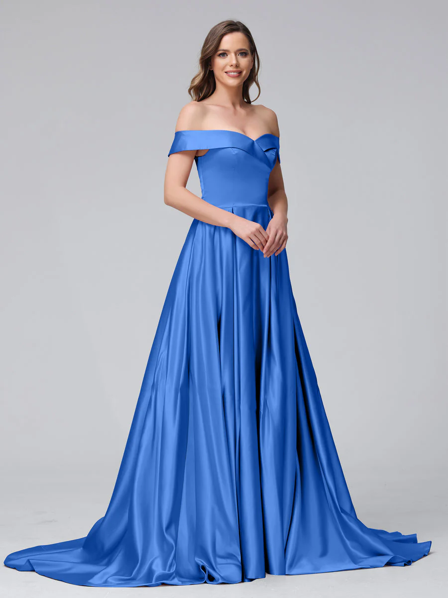 A-Line Off-the-Shoulder Long Satin Evening Dresses with Split Side & Pockets - Image 51