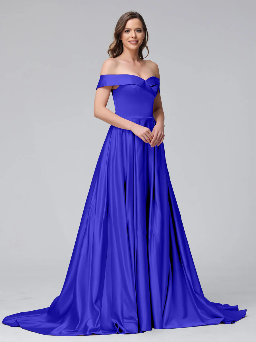 A-Line Off-the-Shoulder Long Satin Evening Dresses with Split Side & Pockets - Image 53