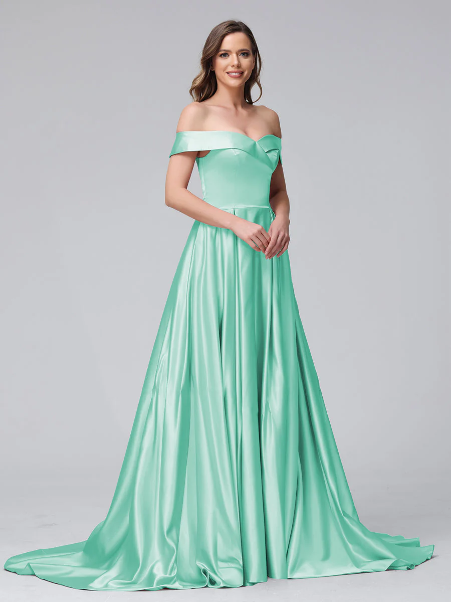 A-Line Off-the-Shoulder Long Satin Evening Dresses with Split Side & Pockets - Image 59