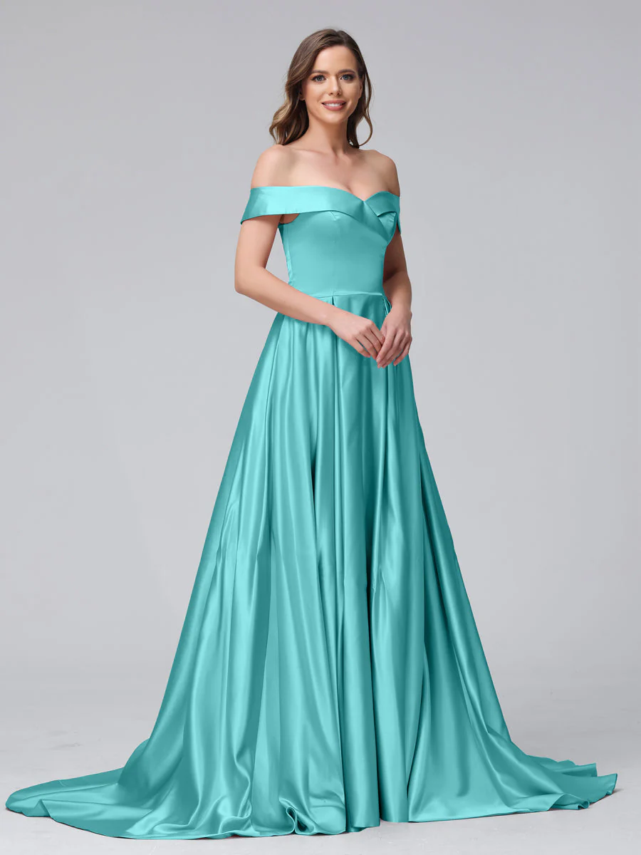 A-Line Off-the-Shoulder Long Satin Evening Dresses with Split Side & Pockets - Image 60