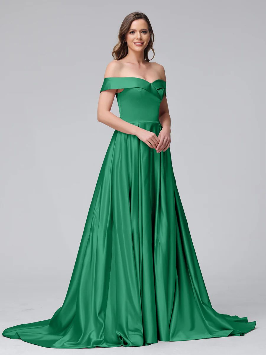 A-Line Off-the-Shoulder Long Satin Evening Dresses with Split Side & Pockets - Image 61