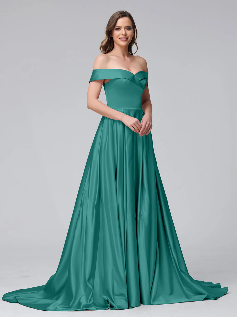 A-Line Off-the-Shoulder Long Satin Evening Dresses with Split Side & Pockets - Image 63