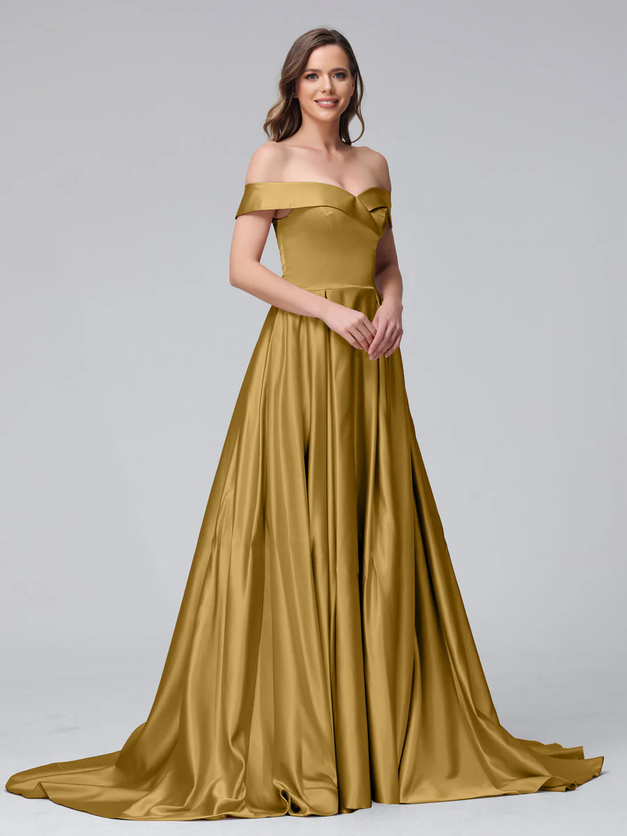 A-Line Off-the-Shoulder Long Satin Evening Dresses with Split Side & Pockets - Image 67