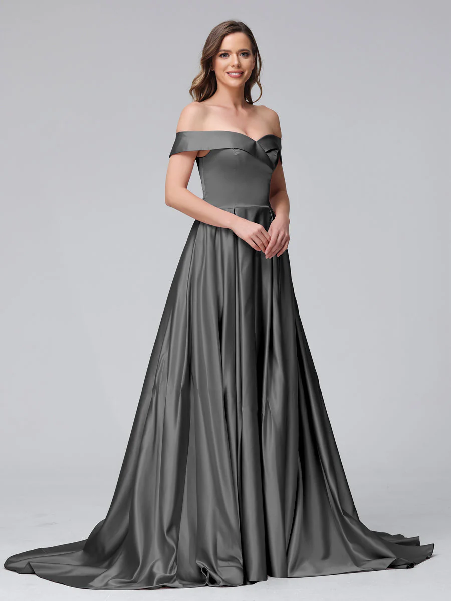 A-Line Off-the-Shoulder Long Satin Evening Dresses with Split Side & Pockets - Image 72