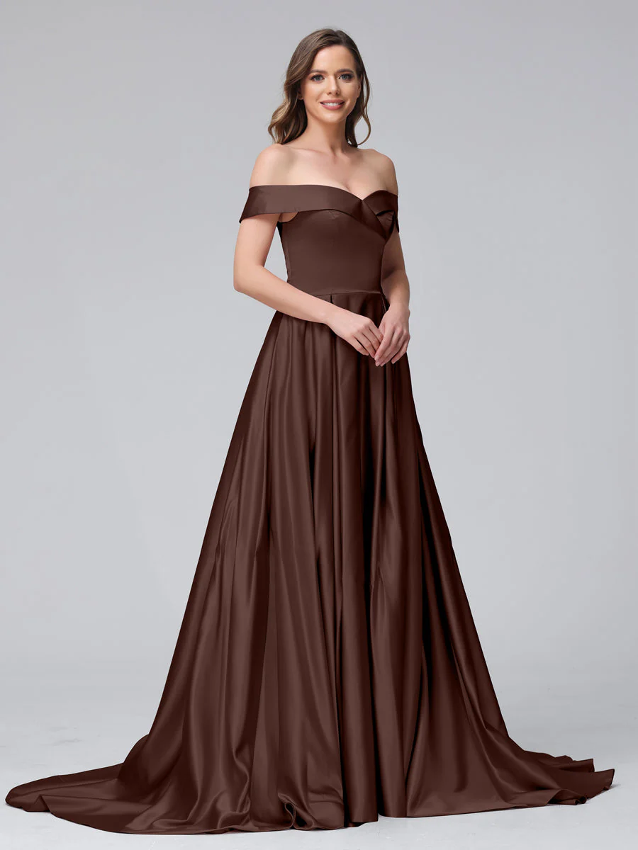 A-Line Off-the-Shoulder Long Satin Evening Dresses with Split Side & Pockets - Image 73