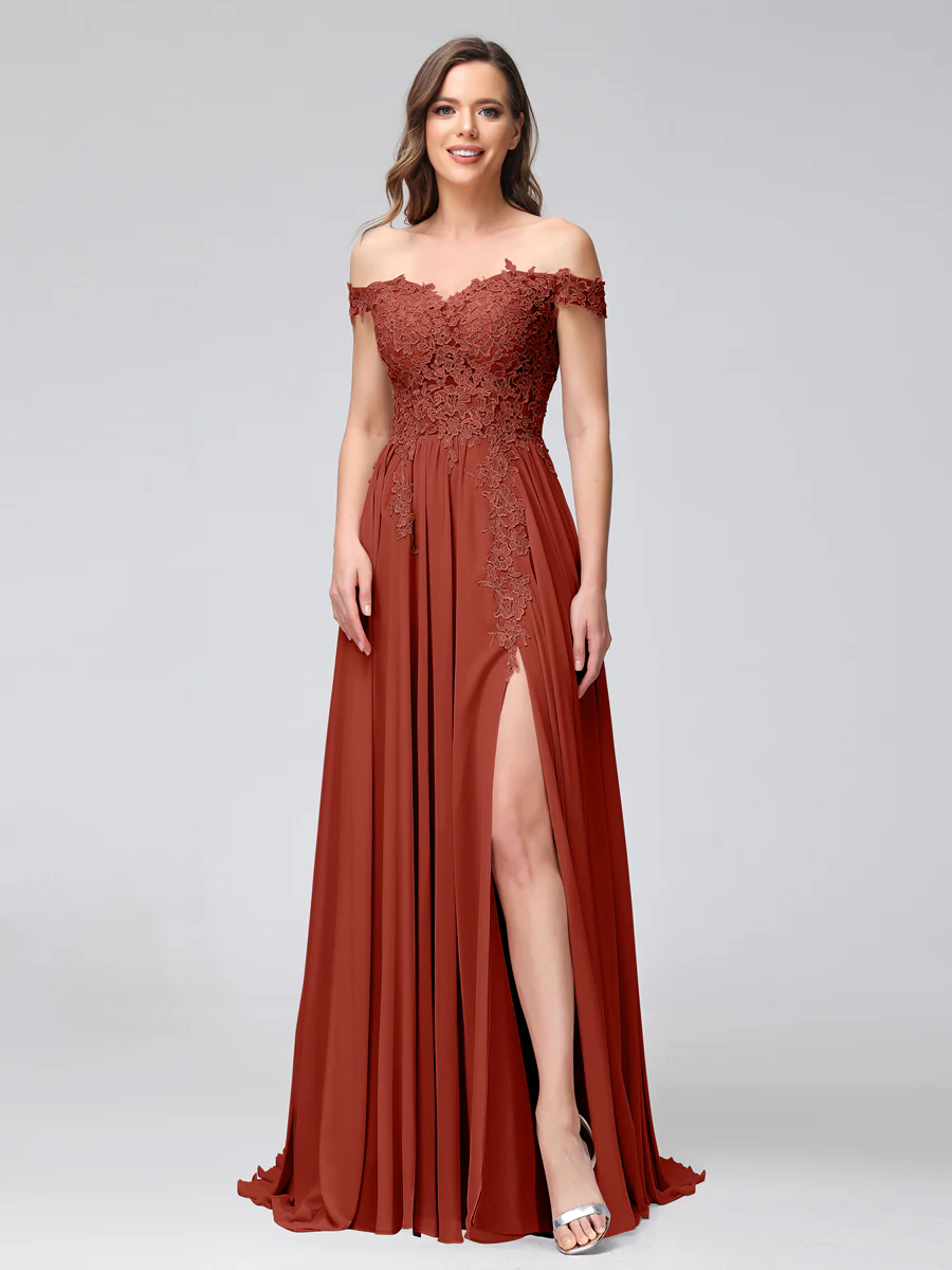 A-Line Off-the-Shoulder Sleeveless Appliqued Chiffon Long Bridesmaid Dresses with Side Slit - Image 12
