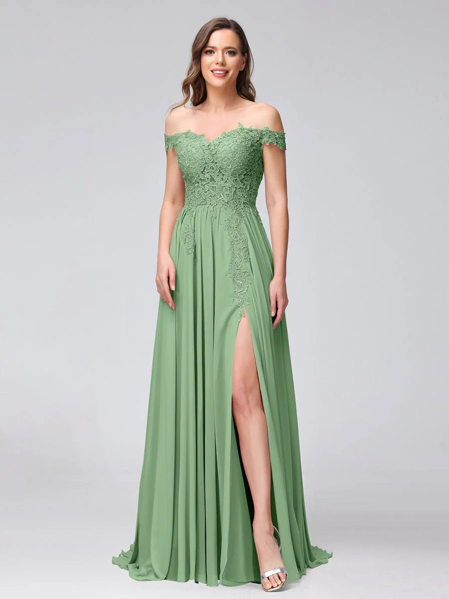 A-Line Off-the-Shoulder Sleeveless Appliqued Chiffon Long Bridesmaid Dresses with Side Slit - Image 15