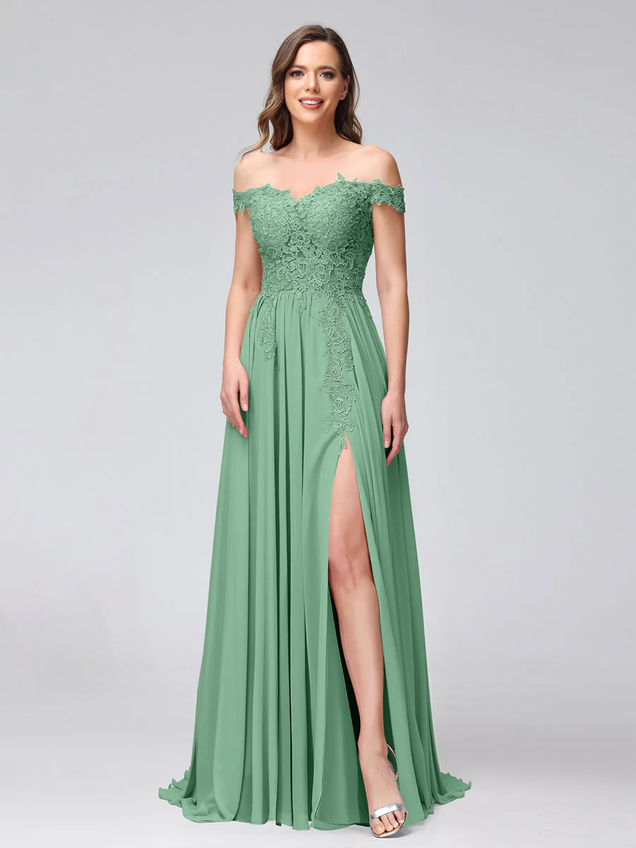 A-Line Off-the-Shoulder Sleeveless Appliqued Chiffon Long Bridesmaid Dresses with Side Slit - Image 16