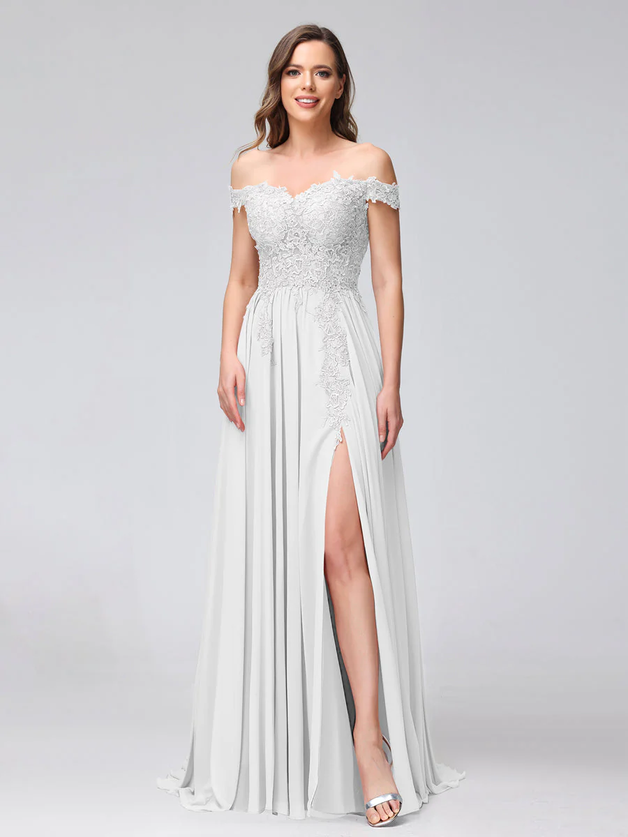 A-Line Off-the-Shoulder Sleeveless Appliqued Chiffon Long Bridesmaid Dresses with Side Slit - Image 19