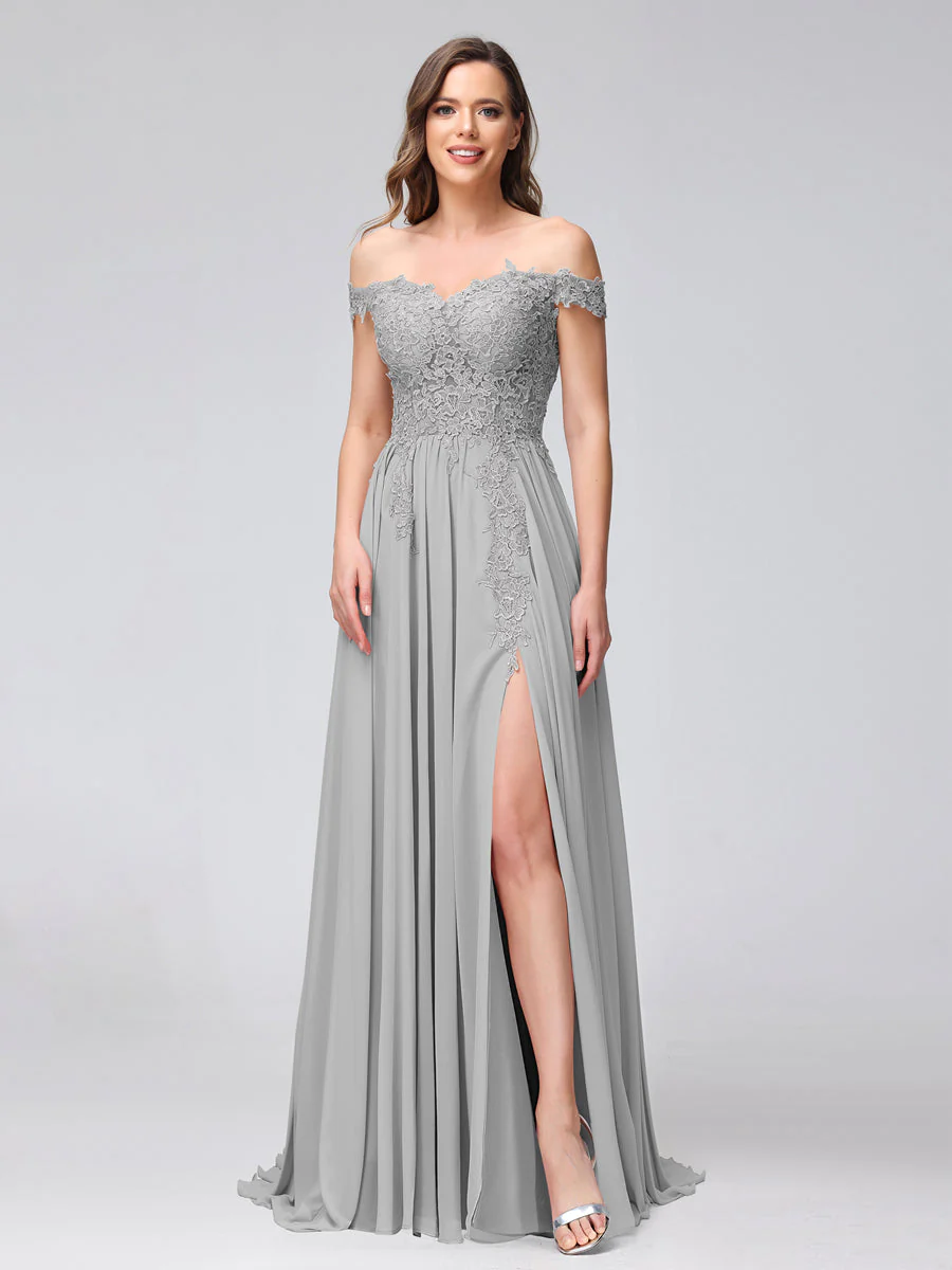 A-Line Off-the-Shoulder Sleeveless Appliqued Chiffon Long Bridesmaid Dresses with Side Slit - Image 21