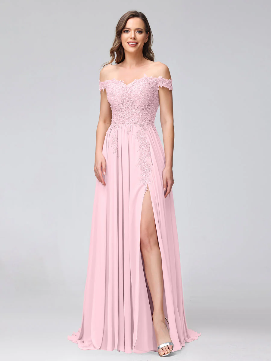 A-Line Off-the-Shoulder Sleeveless Appliqued Chiffon Long Bridesmaid Dresses with Side Slit - Image 24