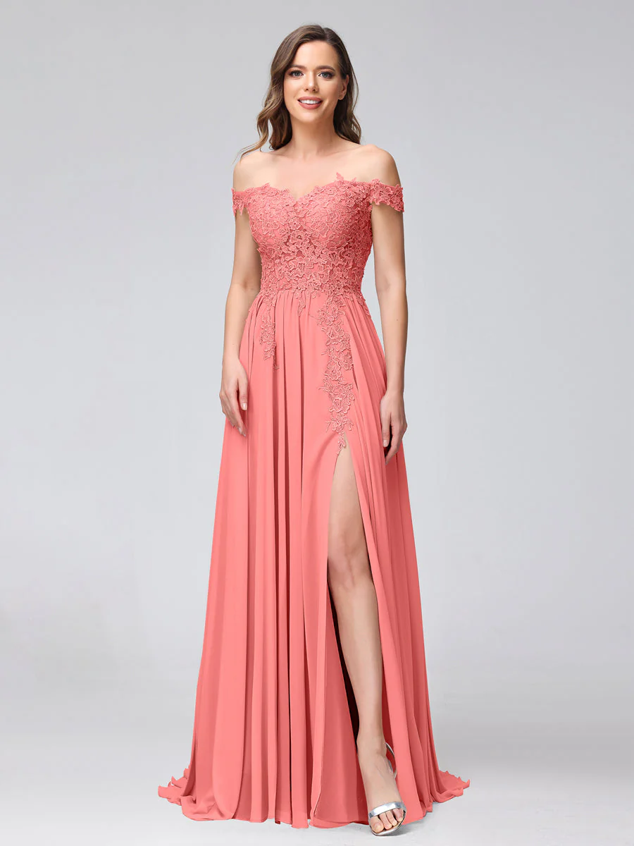 A-Line Off-the-Shoulder Sleeveless Appliqued Chiffon Long Bridesmaid Dresses with Side Slit - Image 30