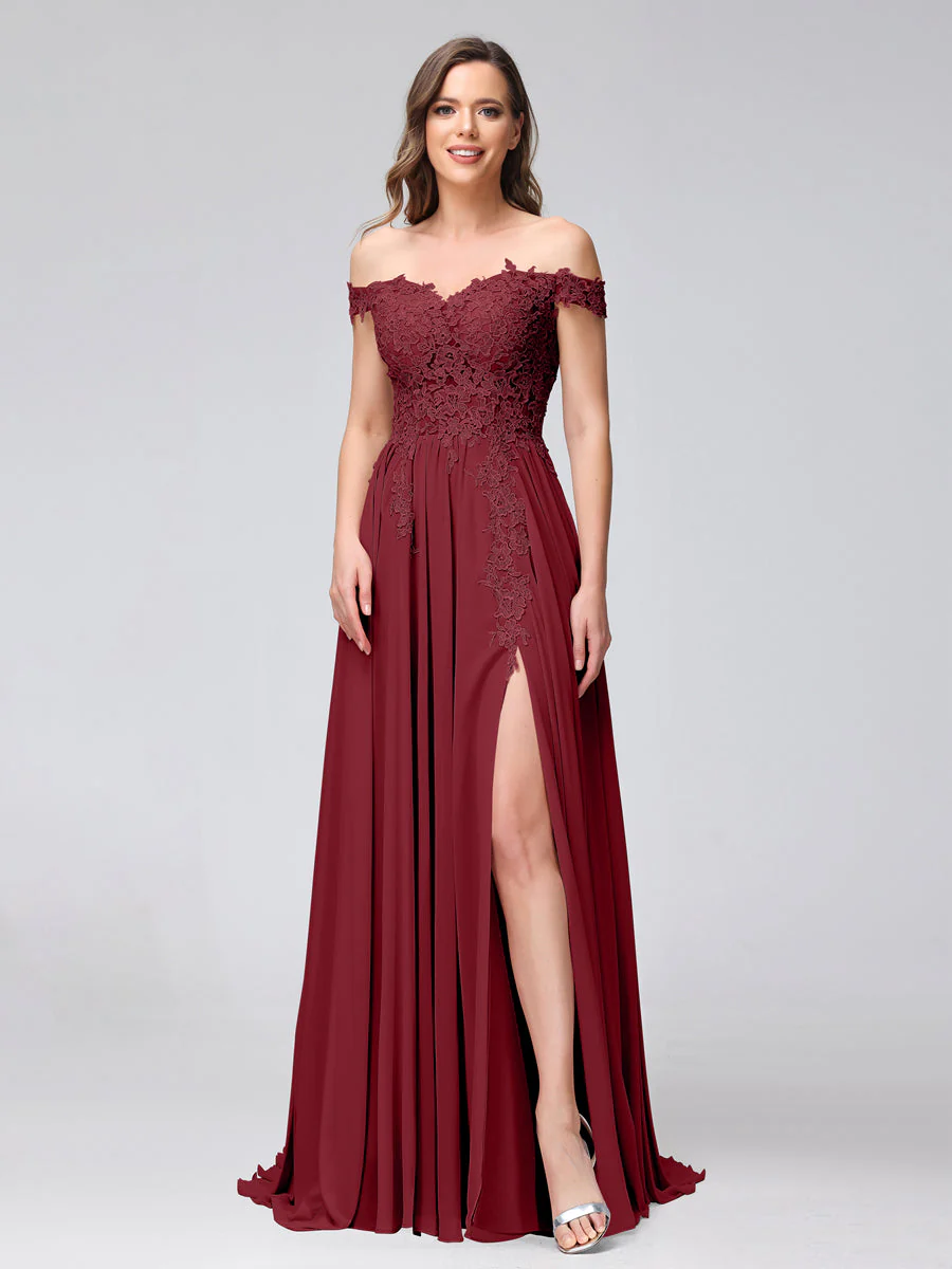 A-Line Off-the-Shoulder Sleeveless Appliqued Chiffon Long Bridesmaid Dresses with Side Slit - Image 35