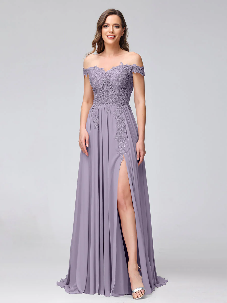 A-Line Off-the-Shoulder Sleeveless Appliqued Chiffon Long Bridesmaid Dresses with Side Slit - Image 37