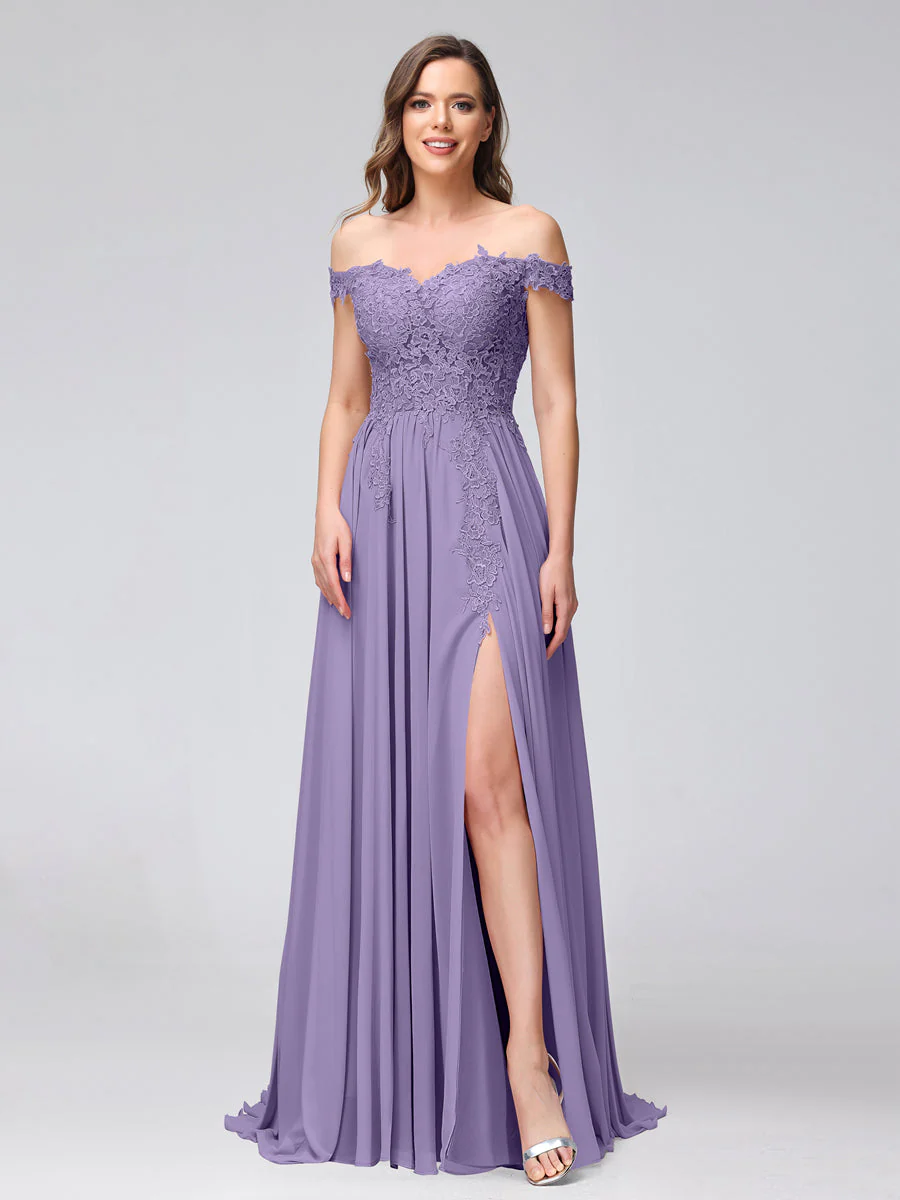 A-Line Off-the-Shoulder Sleeveless Appliqued Chiffon Long Bridesmaid Dresses with Side Slit - Image 39