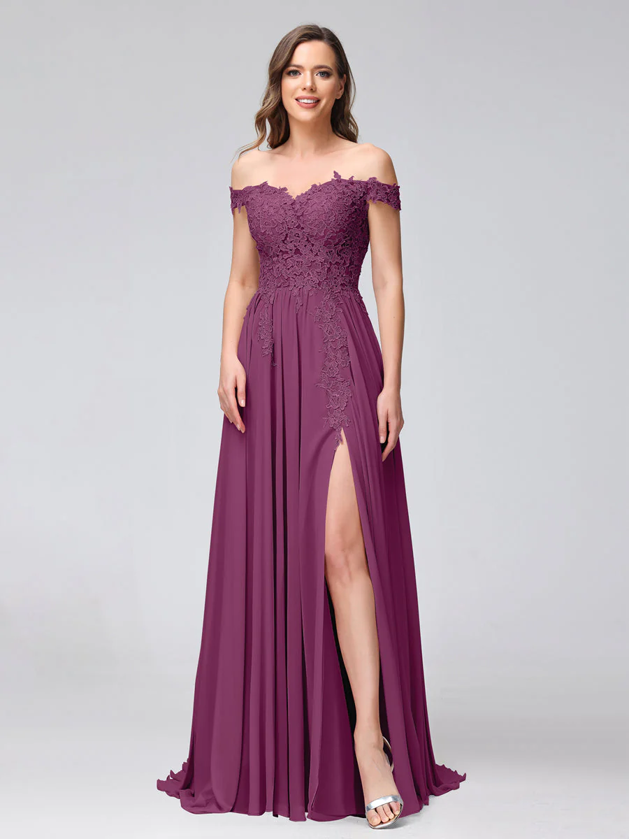 A-Line Off-the-Shoulder Sleeveless Appliqued Chiffon Long Bridesmaid Dresses with Side Slit - Image 42
