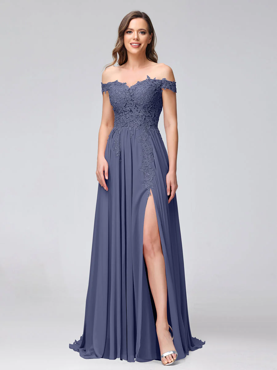 A-Line Off-the-Shoulder Sleeveless Appliqued Chiffon Long Bridesmaid Dresses with Side Slit - Image 55