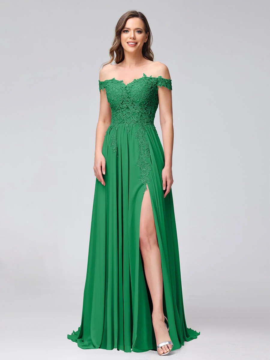 A-Line Off-the-Shoulder Sleeveless Appliqued Chiffon Long Bridesmaid Dresses with Side Slit - Image 62