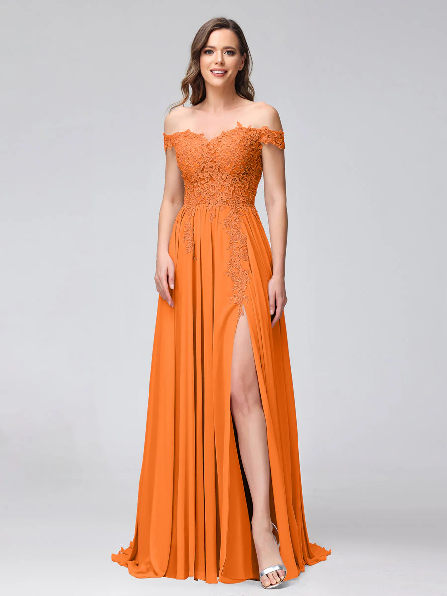 A-Line Off-the-Shoulder Sleeveless Appliqued Chiffon Long Bridesmaid Dresses with Side Slit - Image 70