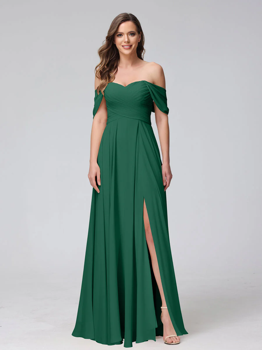 A-Line Off-the-Shoulder Sleeveless Ruched Long Chiffon Bridesmaid Dresses with Split Side - Image 11