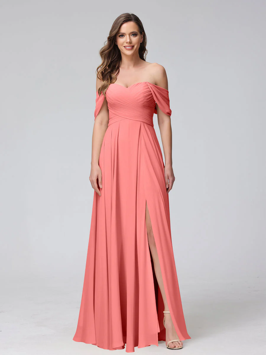 A-Line Off-the-Shoulder Sleeveless Ruched Long Chiffon Bridesmaid Dresses with Split Side - Image 32