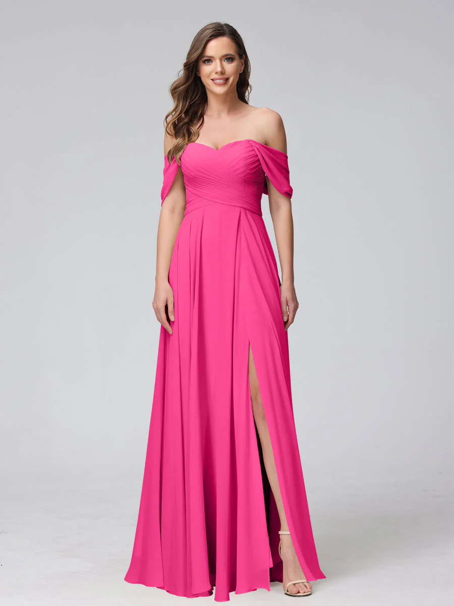 A-Line Off-the-Shoulder Sleeveless Ruched Long Chiffon Bridesmaid Dresses with Split Side - Image 33
