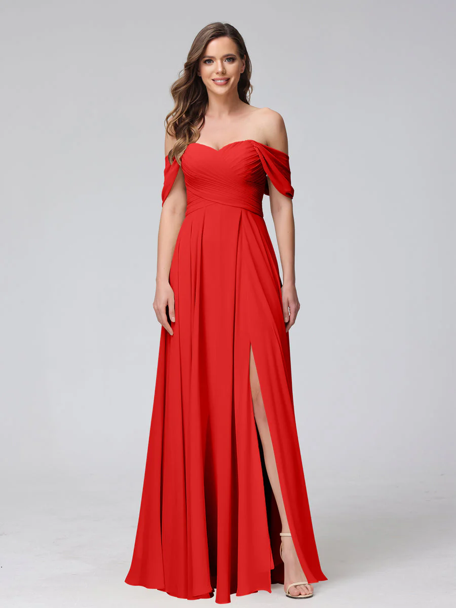 A-Line Off-the-Shoulder Sleeveless Ruched Long Chiffon Bridesmaid Dresses with Split Side - Image 36