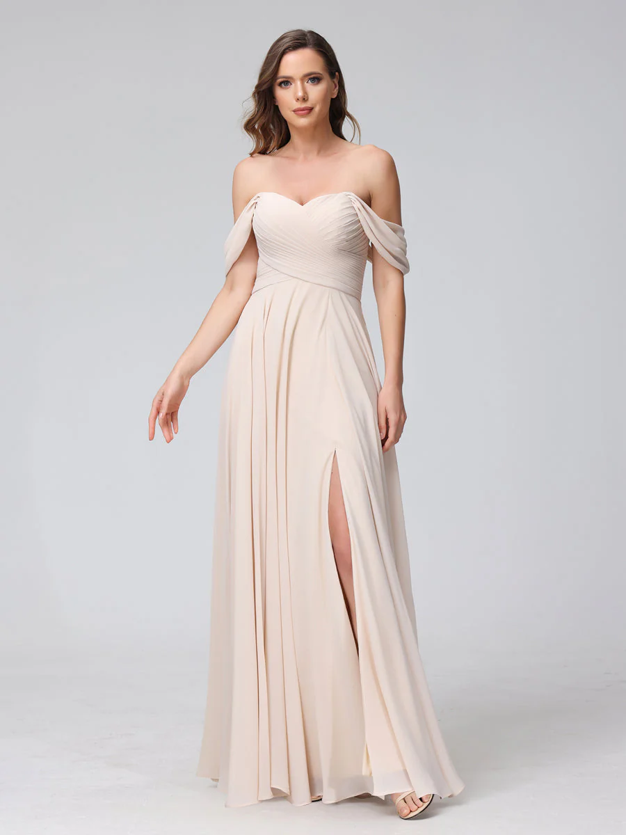 A-Line Off-the-Shoulder Sleeveless Ruched Long Chiffon Bridesmaid Dresses with Split Side - Image 4