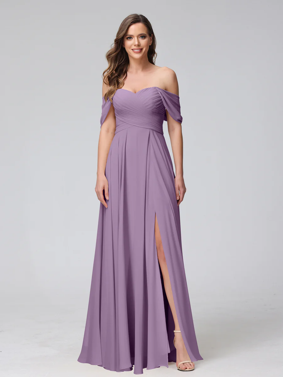 A-Line Off-the-Shoulder Sleeveless Ruched Long Chiffon Bridesmaid Dresses with Split Side - Image 40