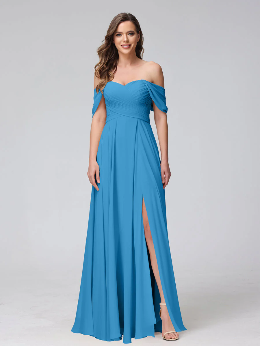 A-Line Off-the-Shoulder Sleeveless Ruched Long Chiffon Bridesmaid Dresses with Split Side - Image 53