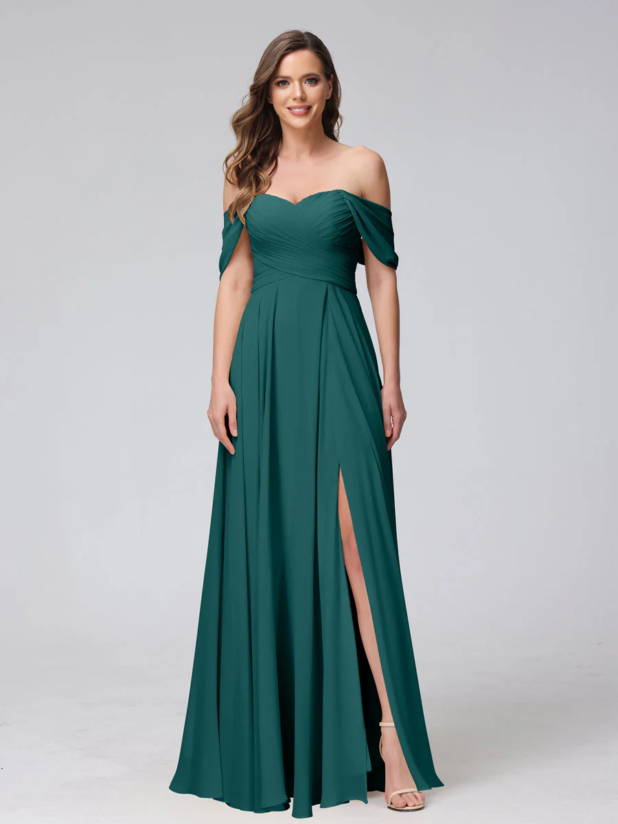 A-Line Off-the-Shoulder Sleeveless Ruched Long Chiffon Bridesmaid Dresses with Split Side - Image 66