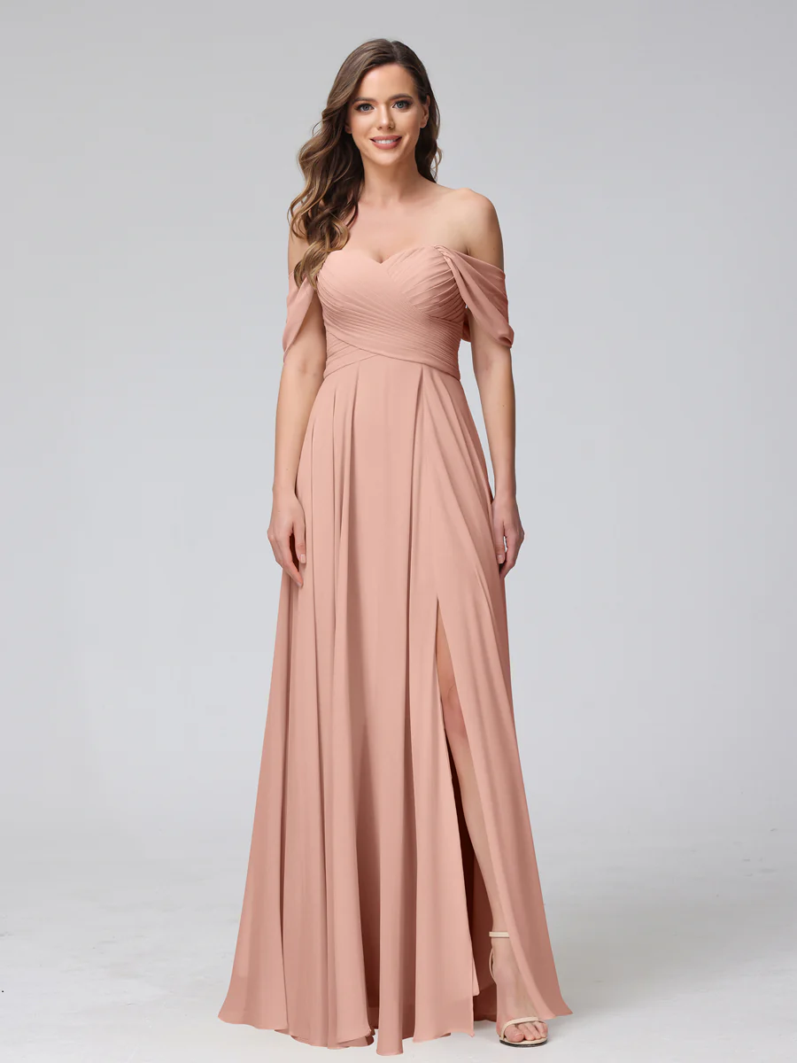 A-Line Off-the-Shoulder Sleeveless Ruched Long Chiffon Bridesmaid Dresses with Split Side - Image 7