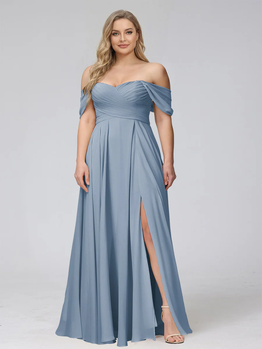 A-Line Off-the-Shoulder Sleeveless Ruched Long Chiffon Plus Size Bridesmaid Dresses with Split Side - Image 11