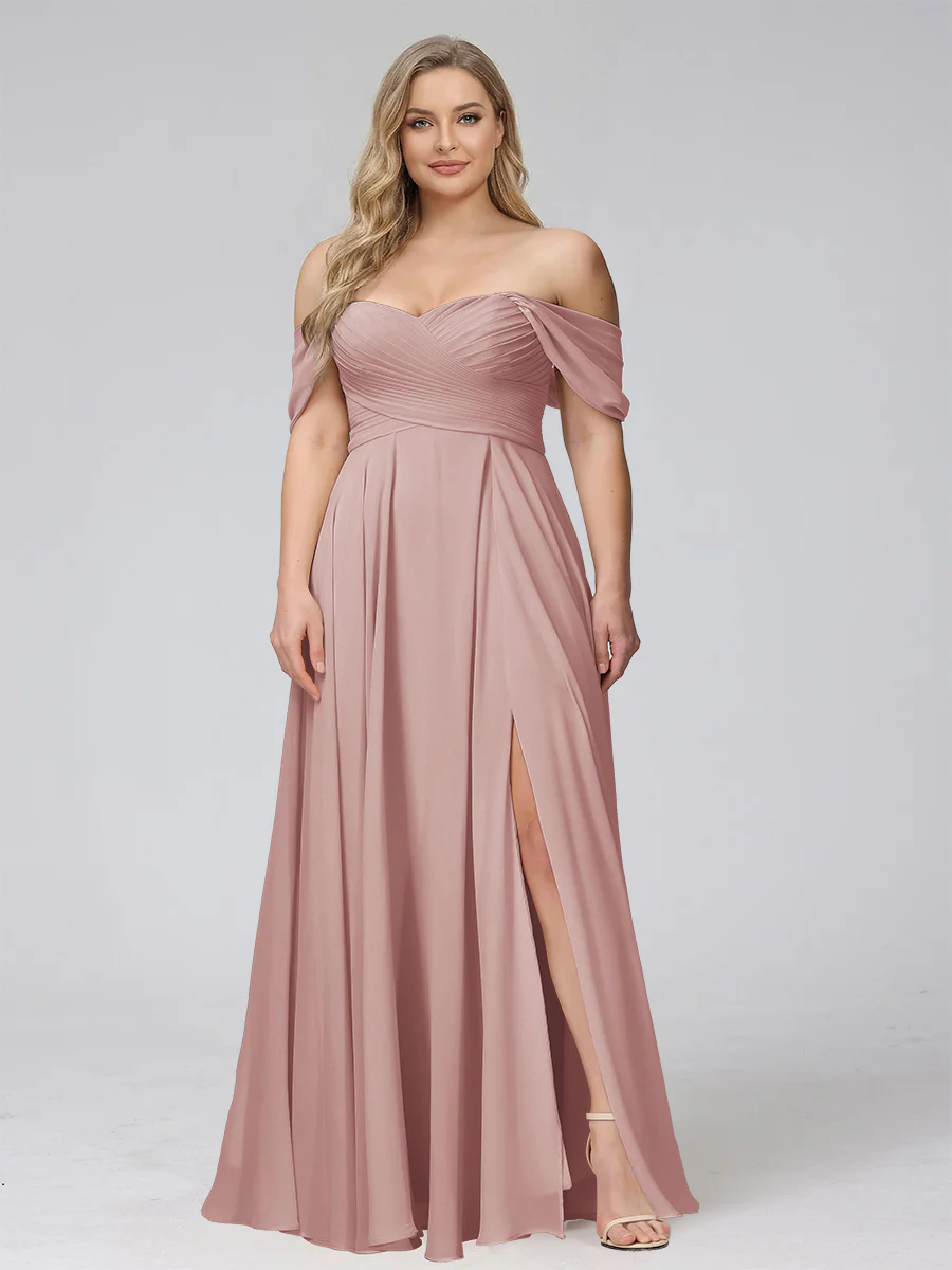 A-Line Off-the-Shoulder Sleeveless Ruched Long Chiffon Plus Size Bridesmaid Dresses with Split Side - Image 12