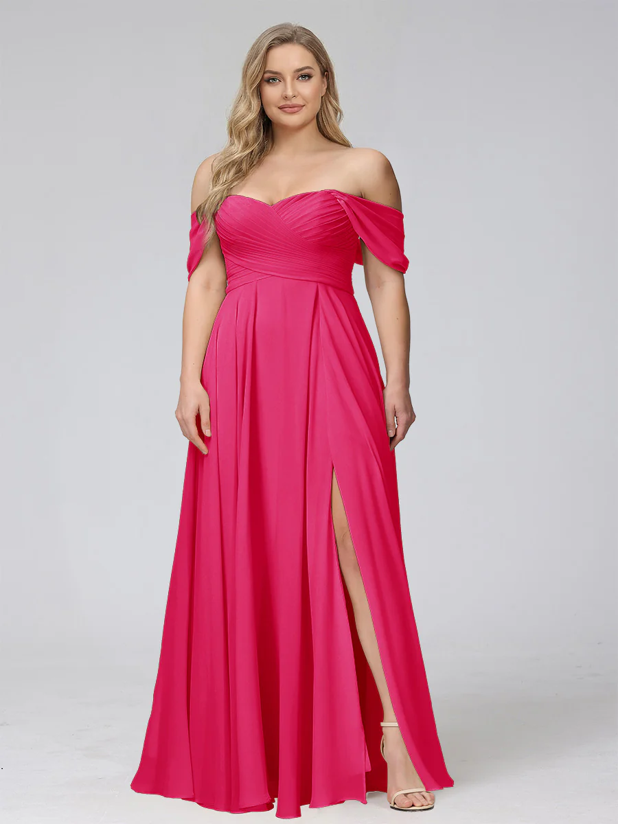 A-Line Off-the-Shoulder Sleeveless Ruched Long Chiffon Plus Size Bridesmaid Dresses with Split Side - Image 19