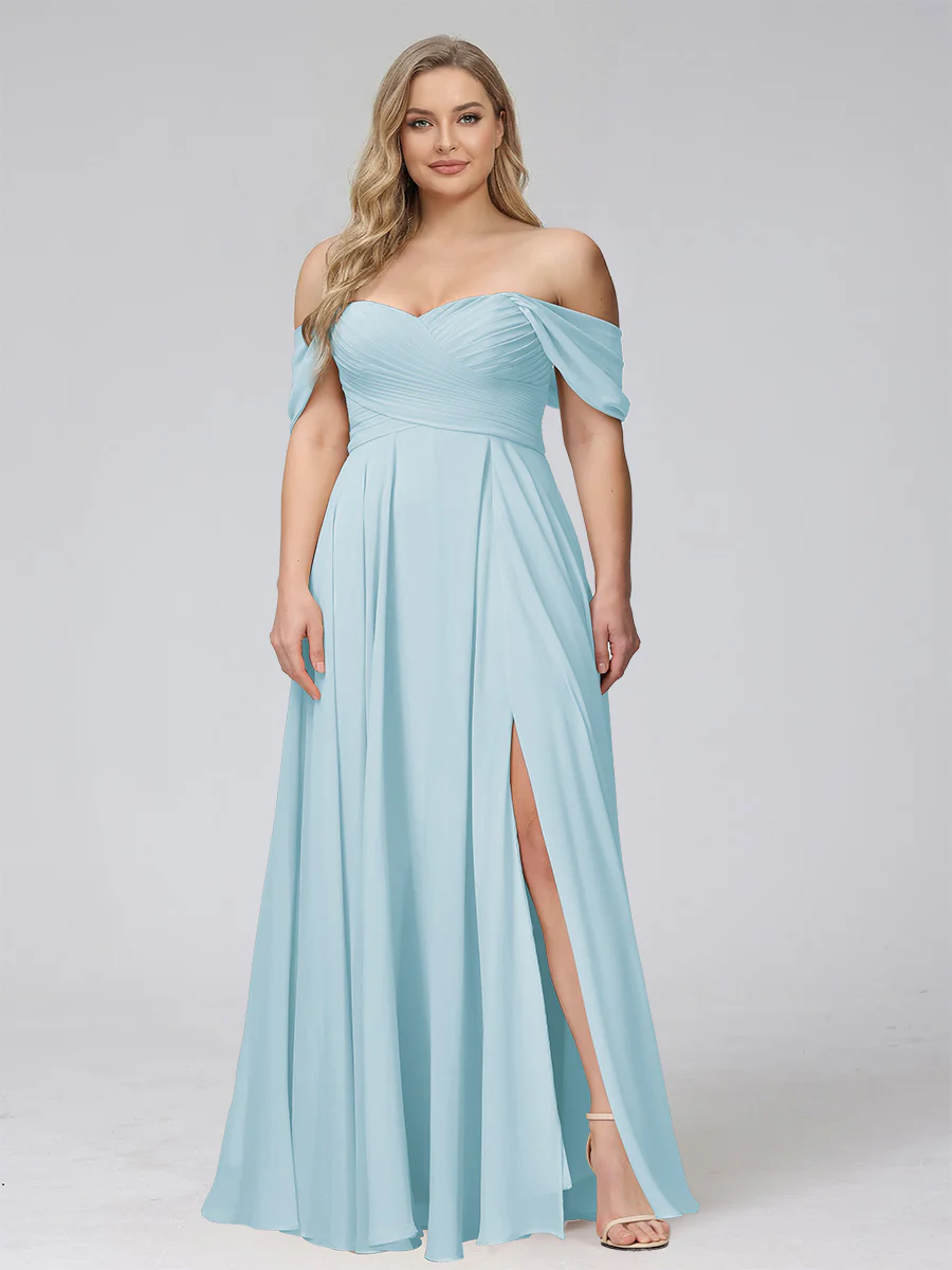 A-Line Off-the-Shoulder Sleeveless Ruched Long Chiffon Plus Size Bridesmaid Dresses with Split Side - Image 25