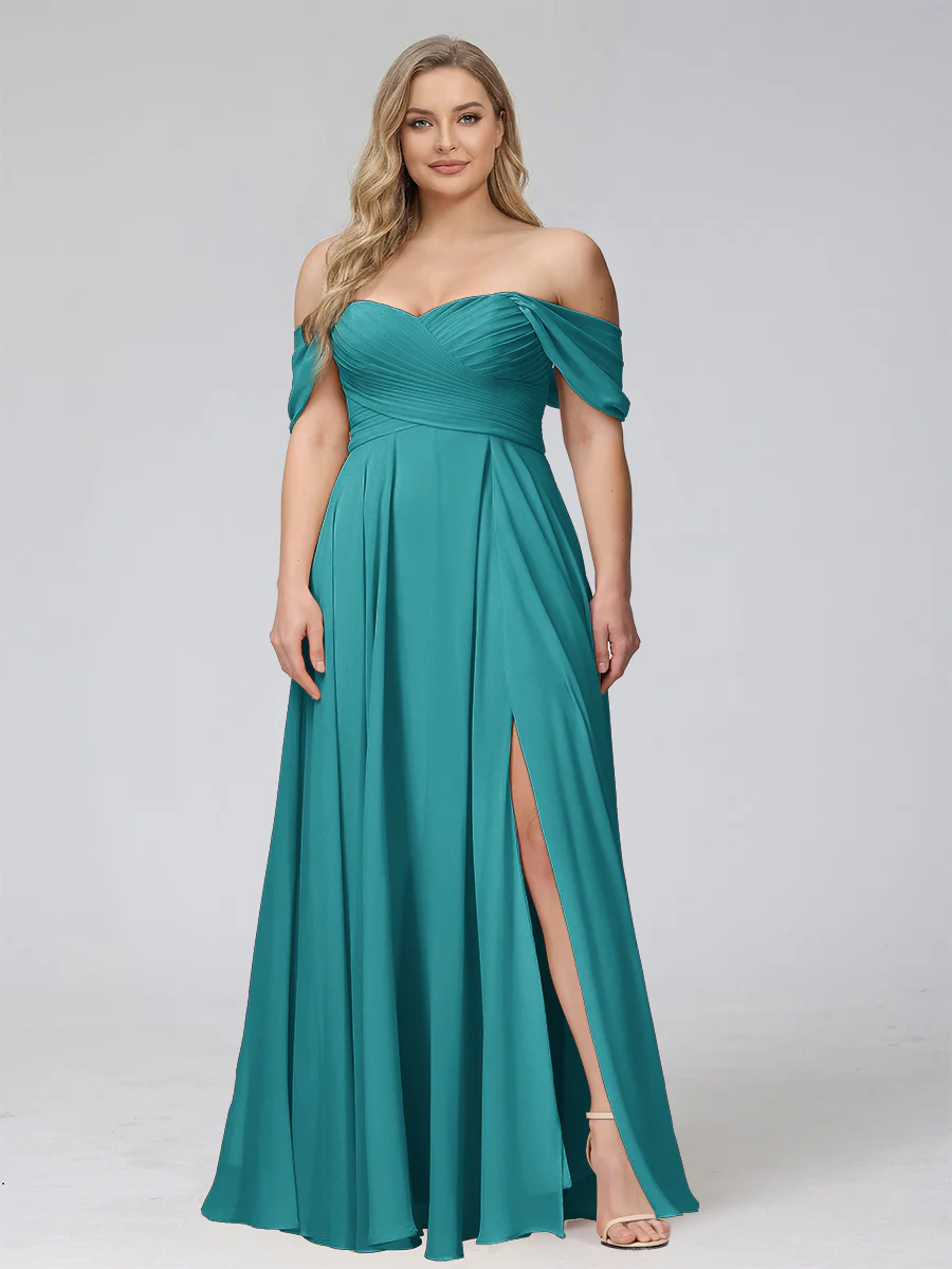 A-Line Off-the-Shoulder Sleeveless Ruched Long Chiffon Plus Size Bridesmaid Dresses with Split Side - Image 3