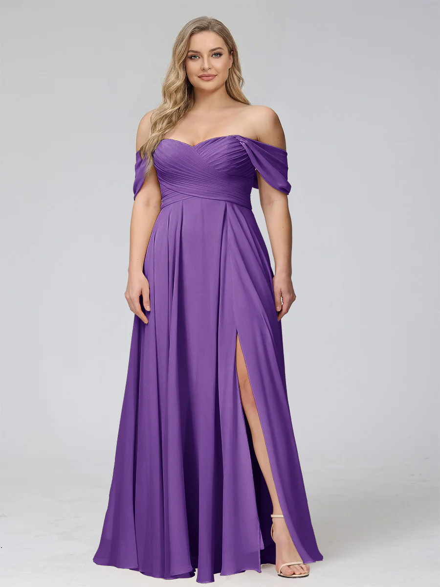 A-Line Off-the-Shoulder Sleeveless Ruched Long Chiffon Plus Size Bridesmaid Dresses with Split Side - Image 41