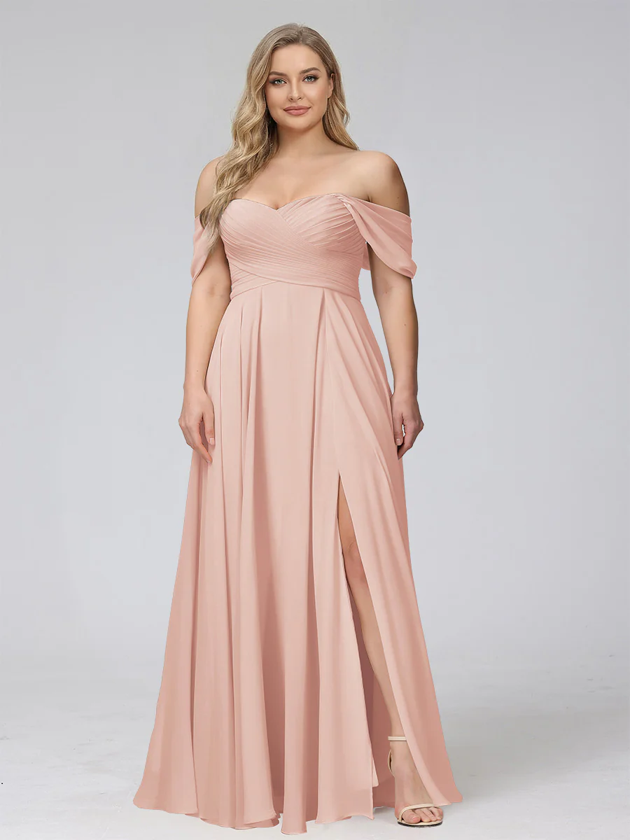 A-Line Off-the-Shoulder Sleeveless Ruched Long Chiffon Plus Size Bridesmaid Dresses with Split Side - Image 5