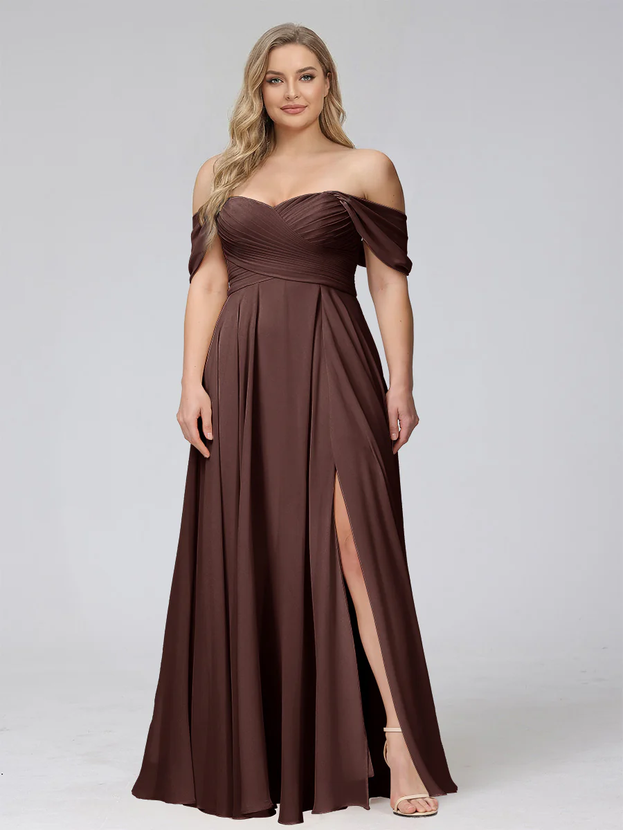 A-Line Off-the-Shoulder Sleeveless Ruched Long Chiffon Plus Size Bridesmaid Dresses with Split Side - Image 6