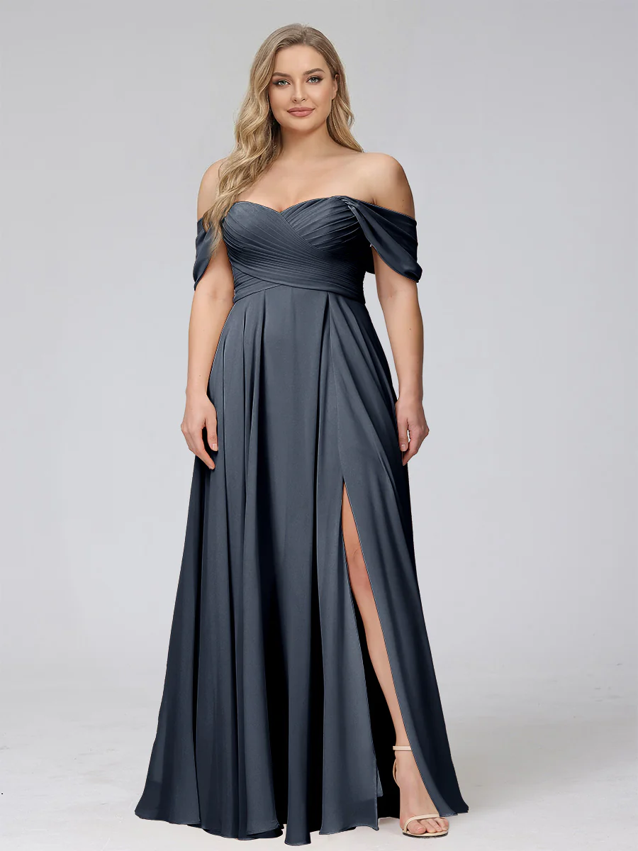 A-Line Off-the-Shoulder Sleeveless Ruched Long Chiffon Plus Size Bridesmaid Dresses with Split Side - Image 64