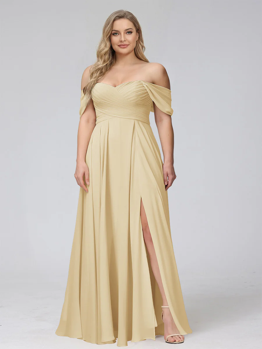 A-Line Off-the-Shoulder Sleeveless Ruched Long Chiffon Plus Size Bridesmaid Dresses with Split Side - Image 9