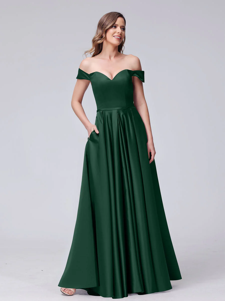 A-Line Off-the-Shoulder Sweetheart Satin Maxi Dresses with Pockets - Image 11
