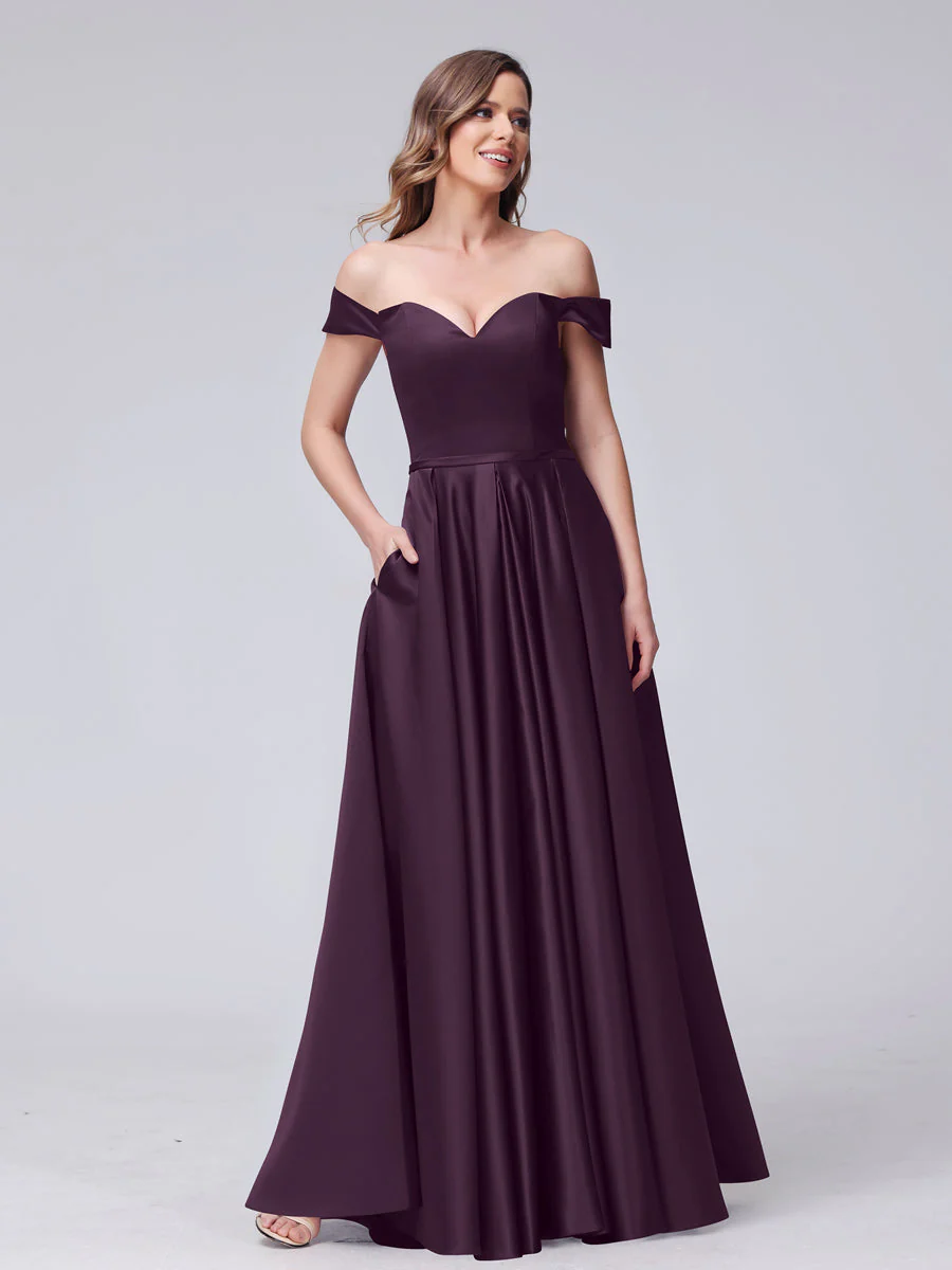 A-Line Off-the-Shoulder Sweetheart Satin Maxi Dresses with Pockets - Image 42