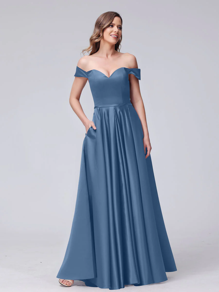 A-Line Off-the-Shoulder Sweetheart Satin Maxi Dresses with Pockets - Image 47